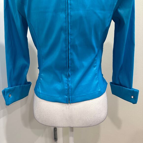 VTG 80s Tadashi Shoji Turquoise Ruched Iridescent Taffeta Blouse Small Glam Bold - Picture 7 of 9